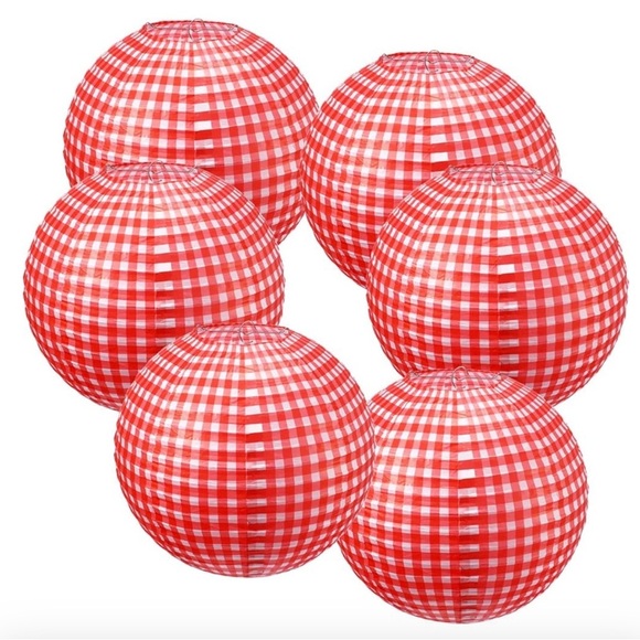 Red check paper lanterns Picnic Party Decorations Round Hanging 12 in 6 pc. NWT - Picture 1 of 8